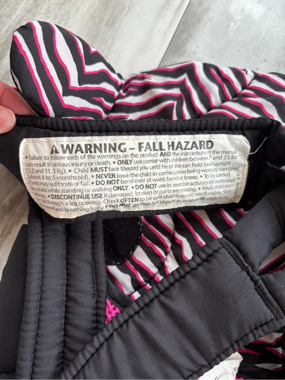 Evenflo Baby Backpack Carrier 7-25 lbs Black Pink White Zebra Stripes Breathable
